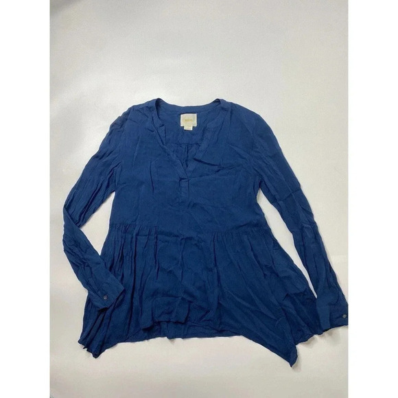 Maeve Anthropologie Womens Top Size 2 Blue Rayon V-Neck Long Sleeve Boho Solid - Picture 1 of 8